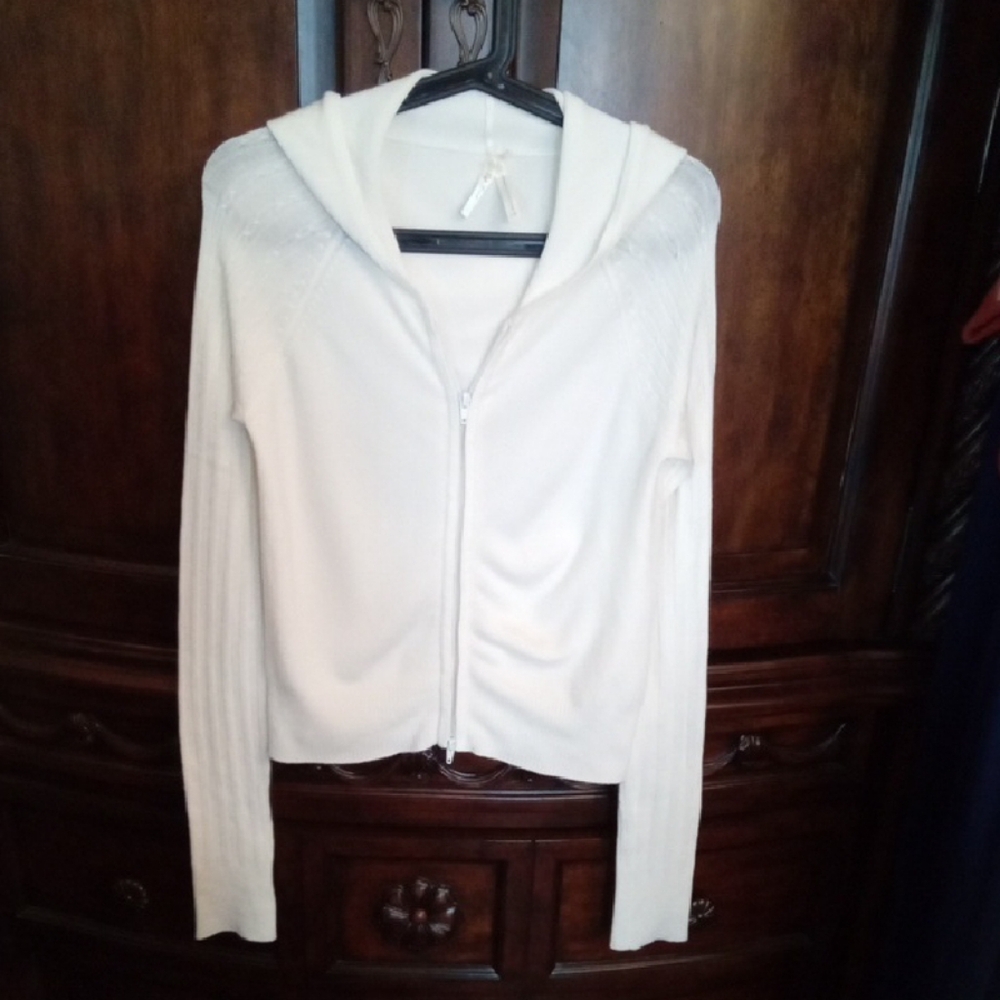 Cafe Brand Vintage Ivory Hooded Cardigan With Cableknit Sleeves Large Fits Small